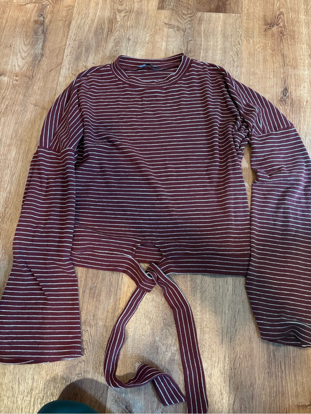 Striped Tie-Front Long Sleeve Top - Burgundy